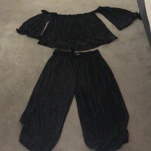 Two piece off the shoulder top and crop flare pant